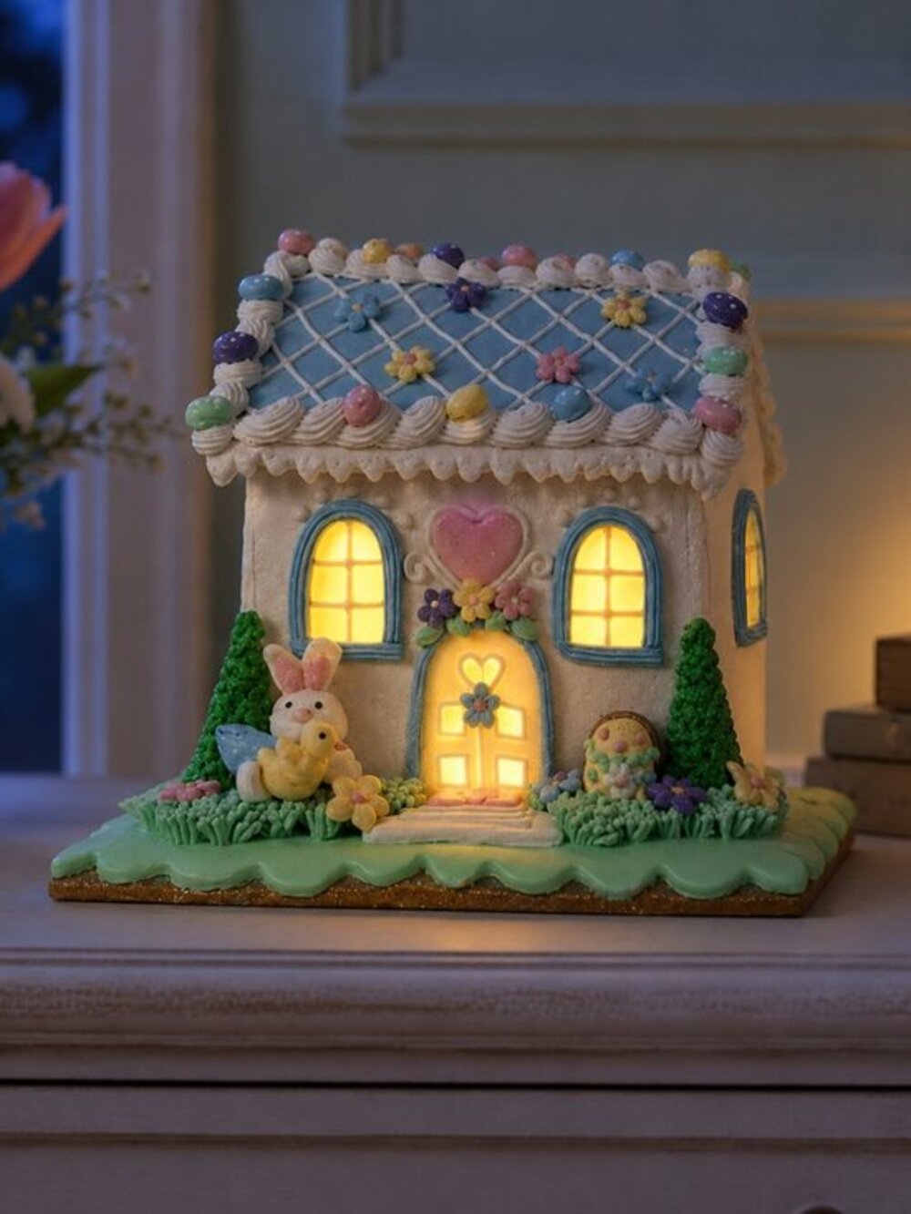Pastel Easter Gingerbread Cookie House LED Lighted Resin Decor 8.5in NWT